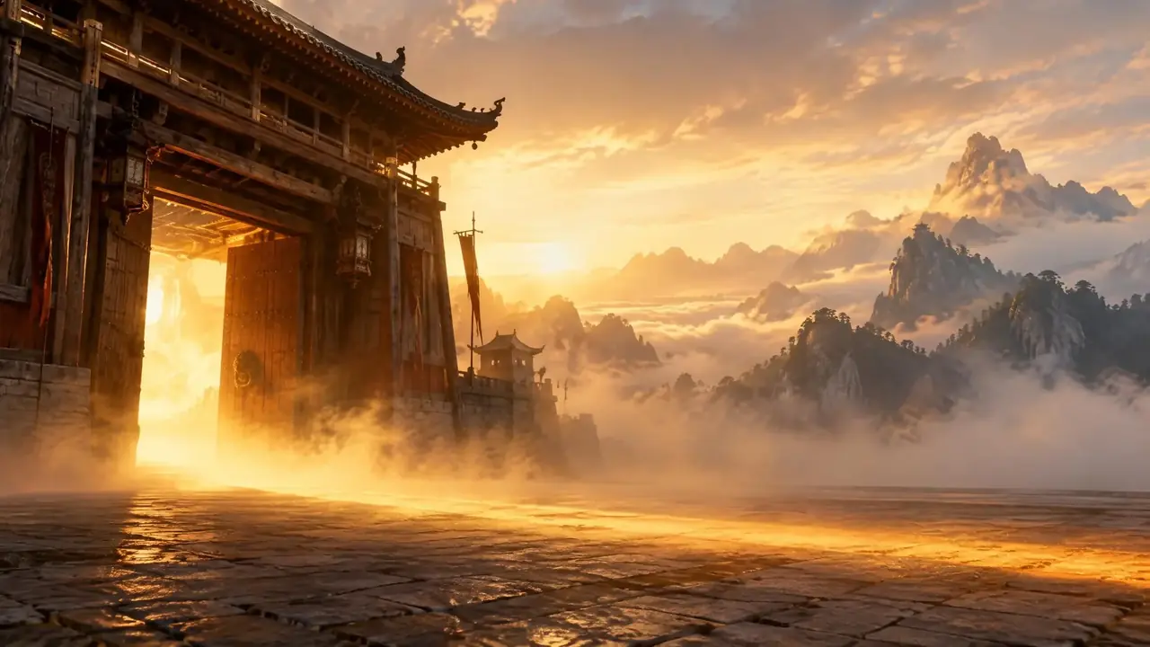 西游专区的庭院:金色雾气从木门楼涌出,铺在湿石地面上,远处是层叠山峦