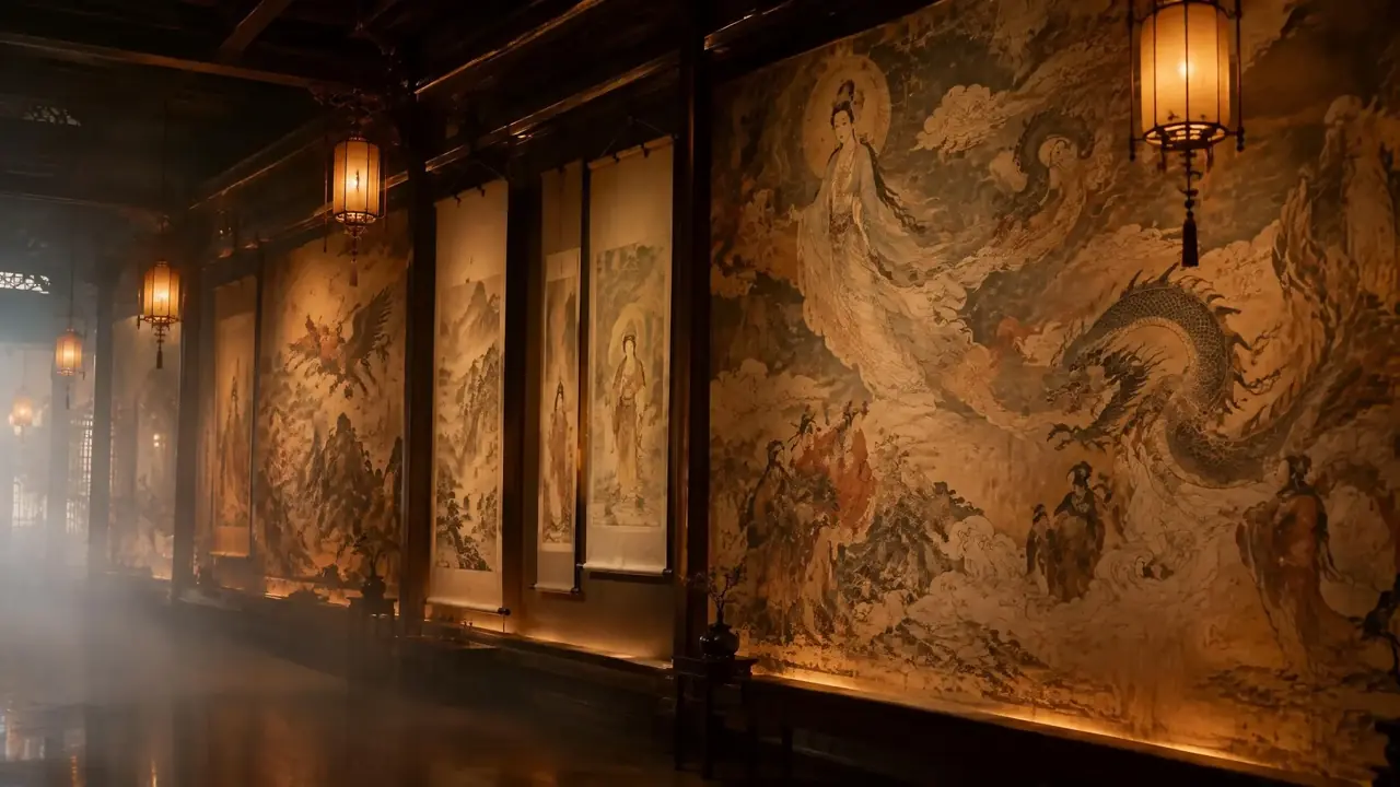 神话片库墙:暖灯照着挂起的绢本卷轴与神话壁画,空气里浮着淡淡雾气