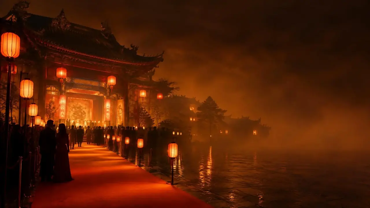 中文在线首映夜的入口:长毯两侧悬满纸灯,人群只剩剪影,暖橙雾气漫过石阶